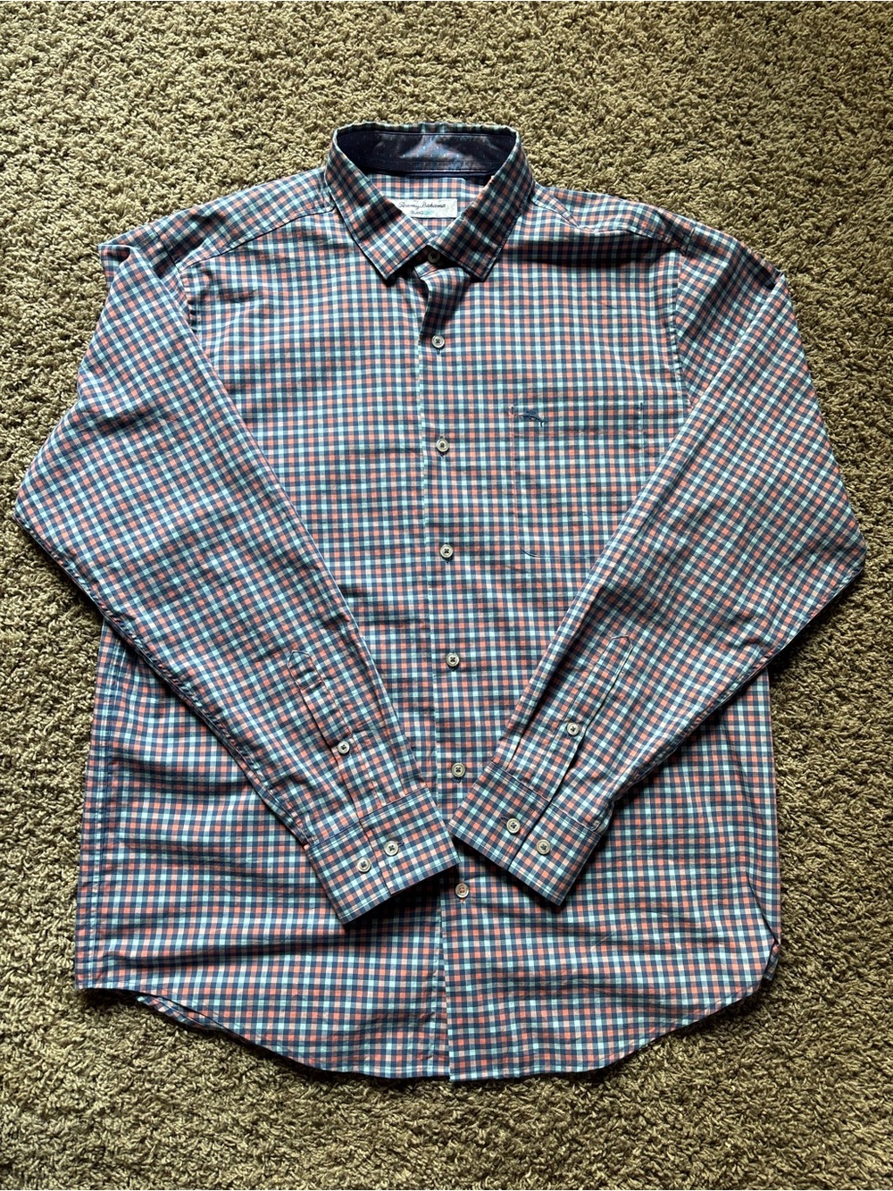 Tommy Bahama Island Zone Button Up Shirt Mens Large Blue Pink Plaid